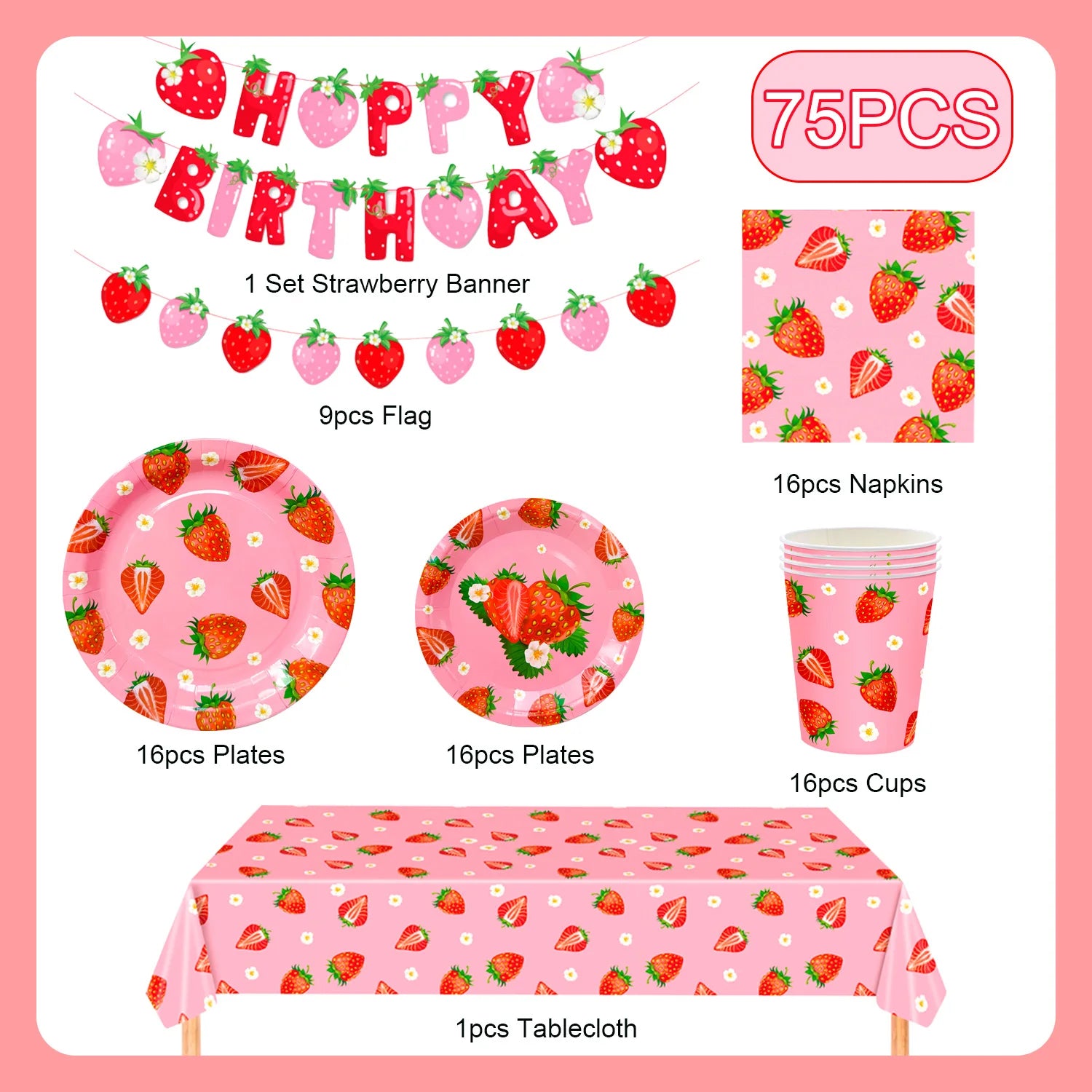 75Pcs Strawberry Birthday Party Plates Napkins Forks Supplies Summer Fruit Tableware Set Strawberry Theme Decoration for Girls