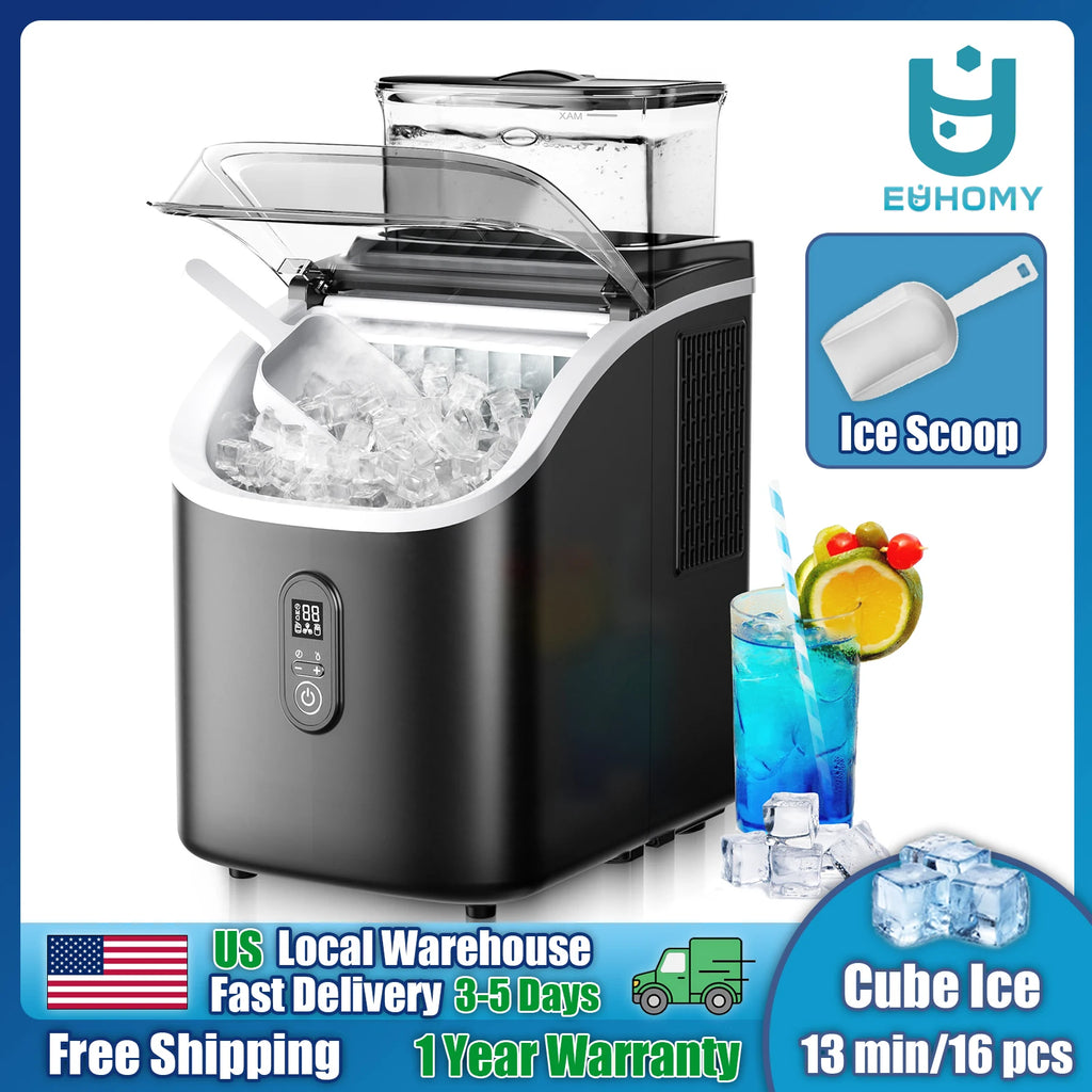 Máquina de Hielo Portátil EUHOMY | 15kg/24h | 9 Cubos en 6 Min | Autolimpiante