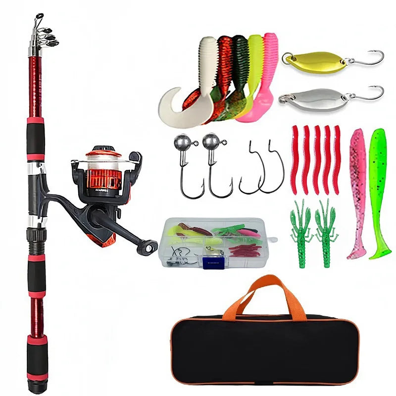 Telescopic Fishing Rod & Spinning Reel Full Kit | Baits, Hooks & Travel Bag Included