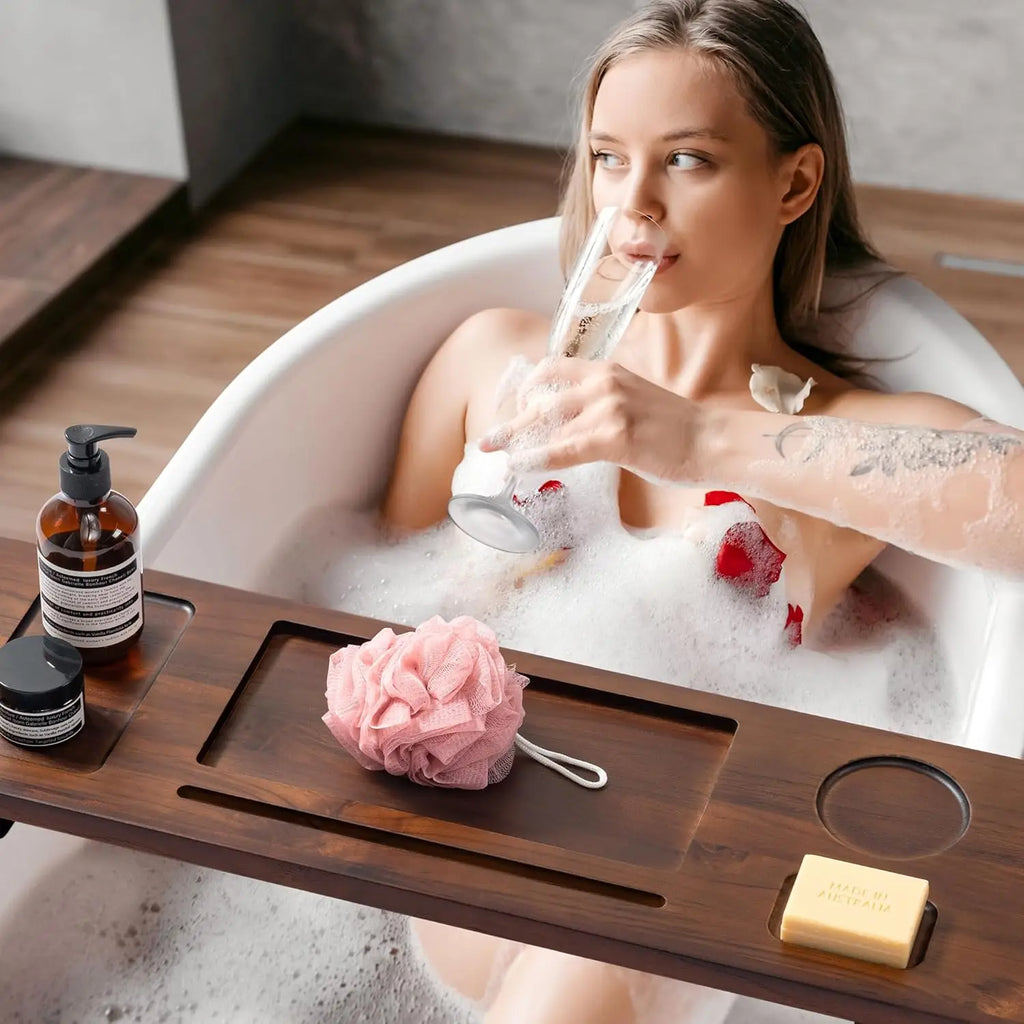 Teak Bathtub Tray Caddy - 29" Wide Adjustable Bathtub Table for Freestanding Tubs, Non-Slip Design with Phone/Wine Holder, Brown
