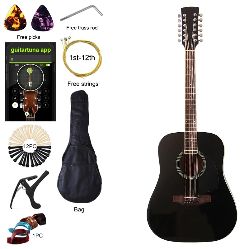 Guitarra Acústica de 12 Cuerdas 41" | Madera Spruce | Diseño Folk | Negro y Natural 🎸
