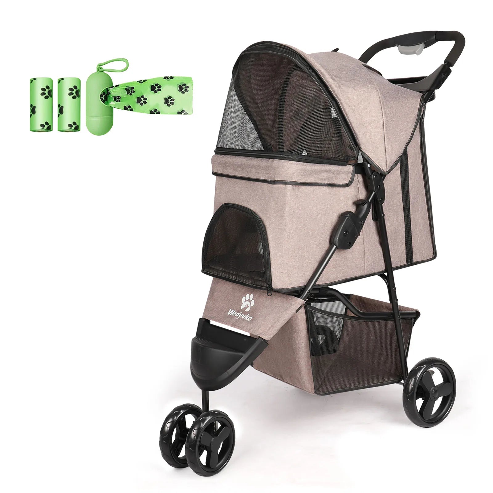 carreola para mascotas perro 3 Wheel Foldable Cat Dog Stroller with Storage Basket, Handle 360° Pet Dog Stroller - Firu Total Sales