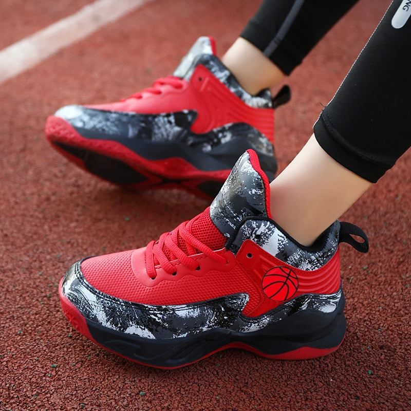 Kids' High-Top Basketball Sneakers – Anti-Slip, Star Pattern, Lace-Up