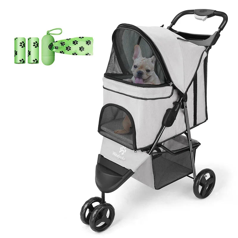 carreola para mascotas perro 3 Wheel Foldable Cat Dog Stroller with Storage Basket, Handle 360° Pet Dog Stroller - Firu Total Sales