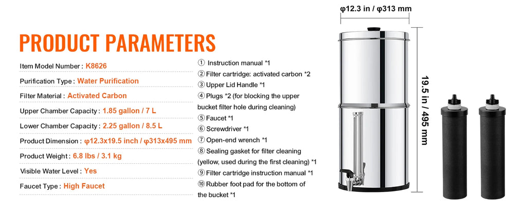 SucceBuy 1.5G 2.25G Gravity-fed Water Filter System 304 Stainless-Steel Water Filtration System Countertop with 2 Carbon Filters