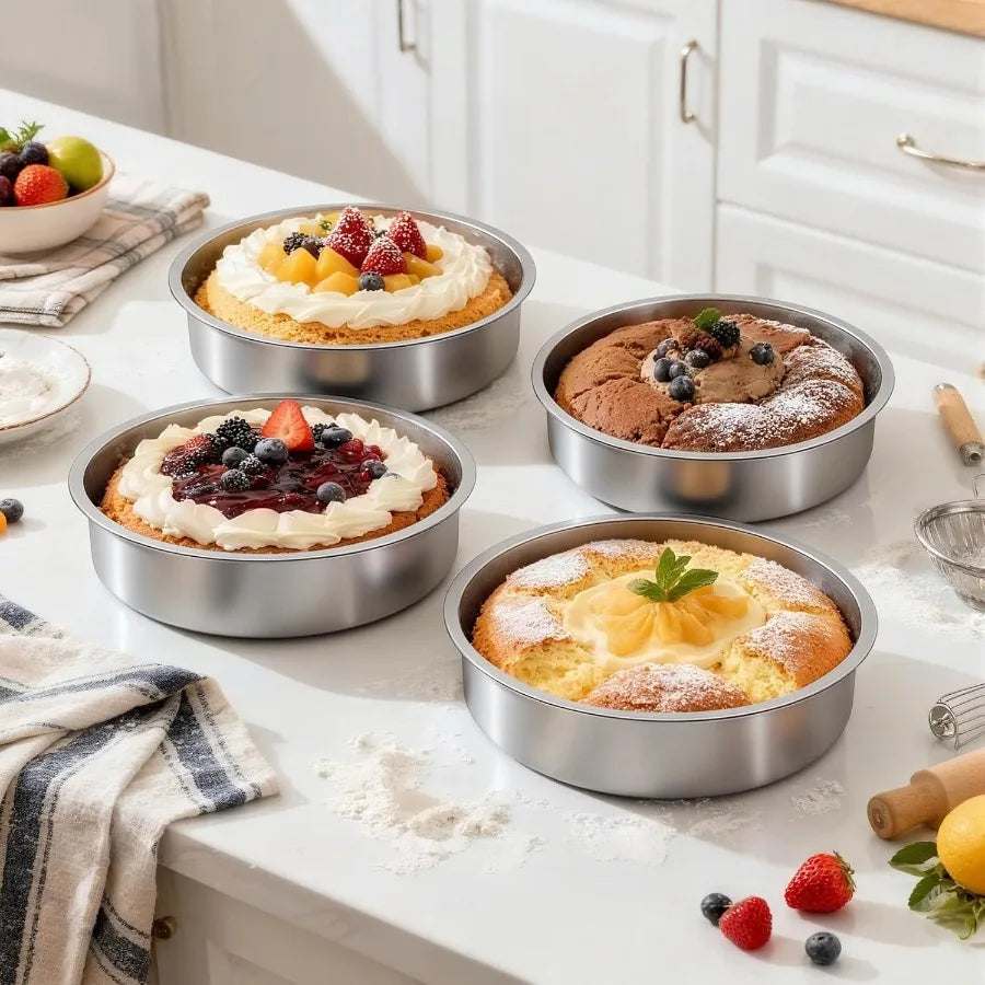 Set 4 Moldes Redondos de Acero Inoxidable 8" para Pasteles | Apilables | Lavavajillas 🎂