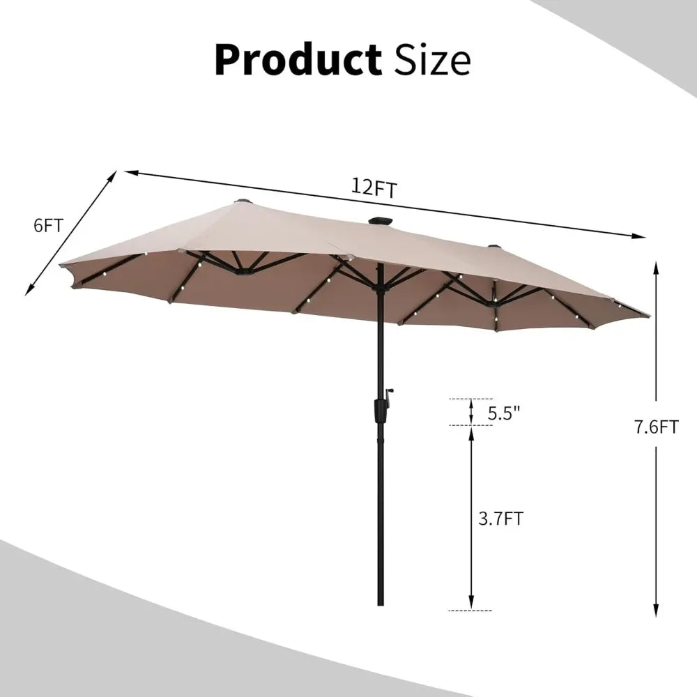 13ft Rectangular Patio Umbrella with 36 Solar LED Lights, Ultimate Sun Protection, Easy To Shake, for Deck, Garden, Khaki