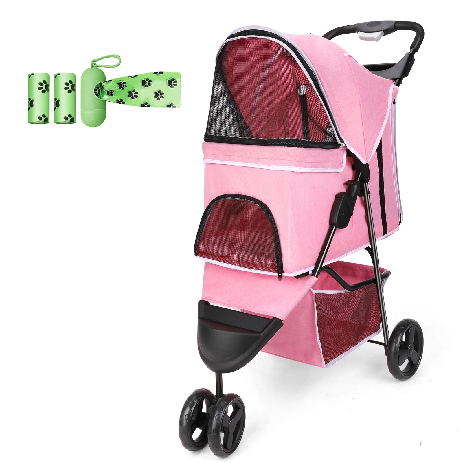 carreola para mascotas perro 3 Wheel Foldable Cat Dog Stroller with Storage Basket, Handle 360° Pet Dog Stroller - Firu Total Sales