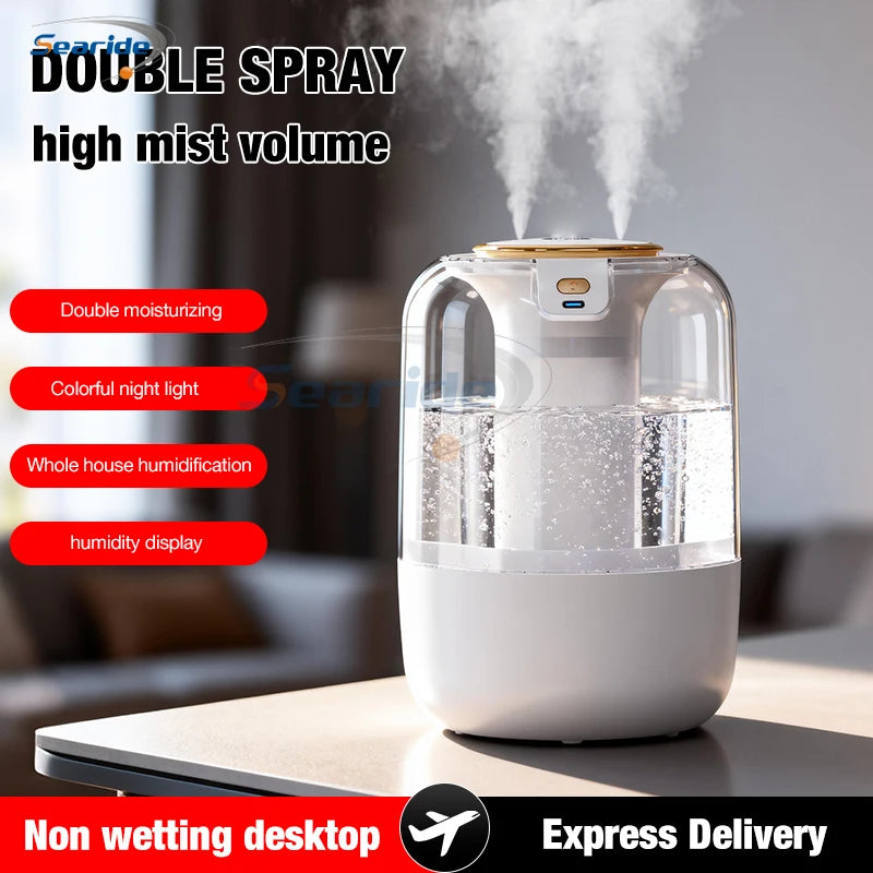 2200ML Air Humidifier USB Double Spray Port Mist Spray Heavy Fog Aroma Diffuser Essential Oils Color Light for Home Bedroom Gift