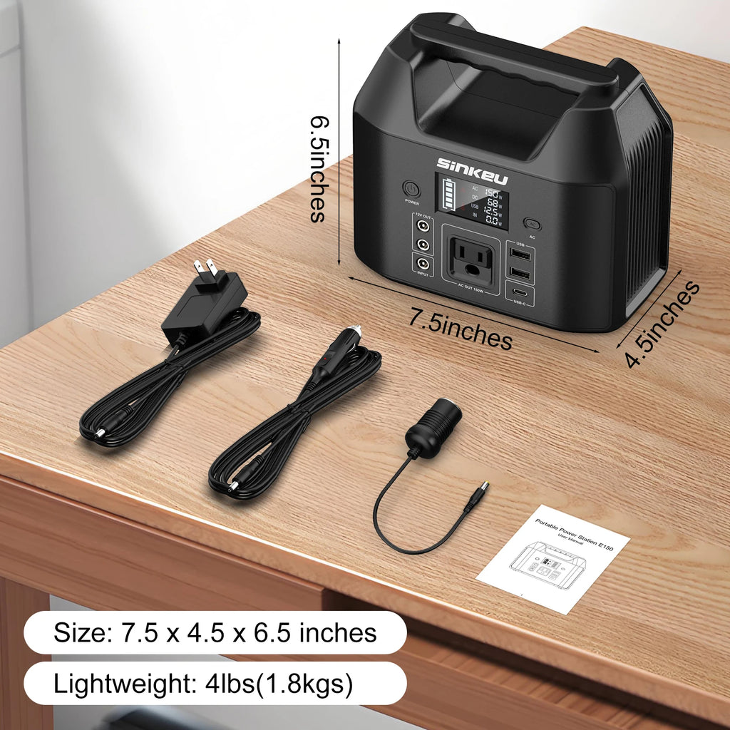 SinKeu E150 Estación Eléctrica Portátil 150W | 122.8Wh LiFePO4 | Solar | AC 110V | Linterna LED | Camping y RV