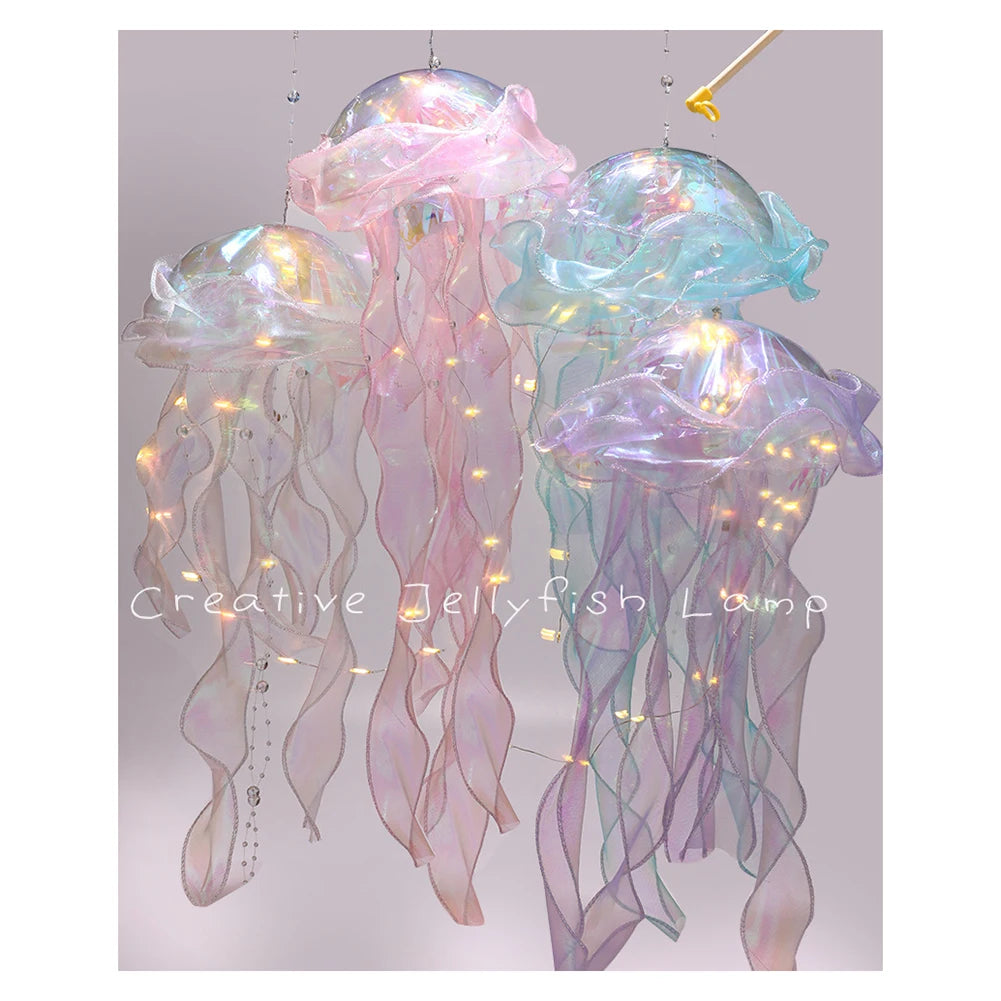 Jellyfish Colorful Nightlight Button Battery Hanging Ceiling Lantern with Ribbon&Bead LED Bulbs for Children Bedroom