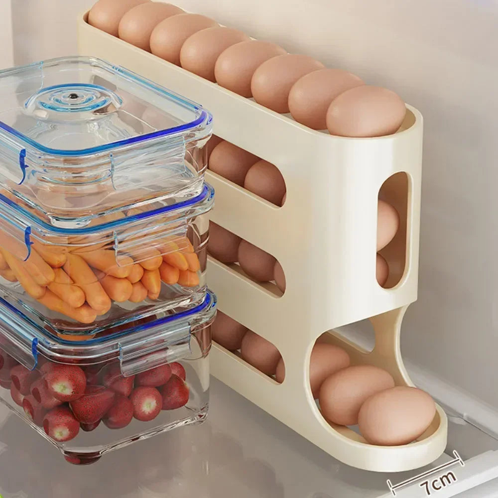 4-Layer Automatic Rolling Egg Holder | Fridge Organizer | Space-Saving Egg Dispenser