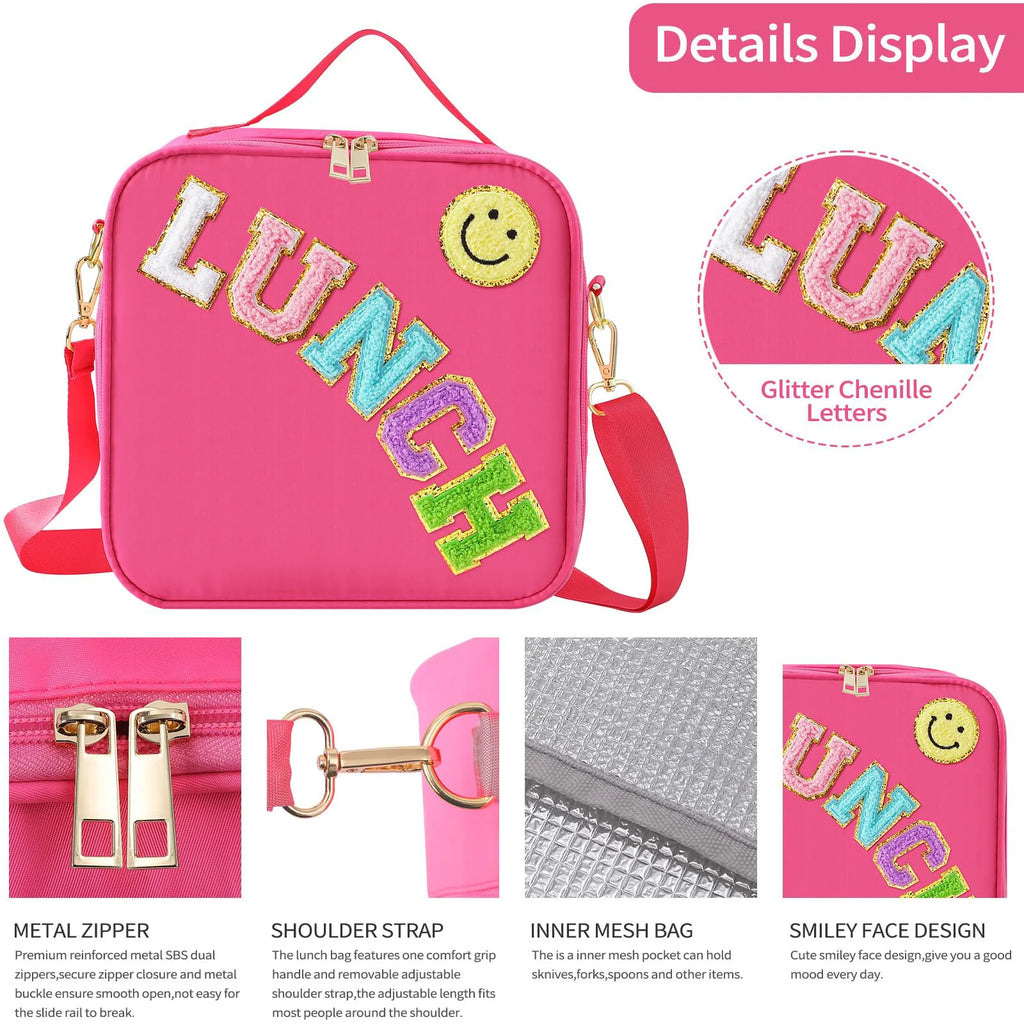 Adjustable Strap Insulated Lunch Bag, Nylon Lunch Box Insulated Bag, With Chenille Letter Patch Decor, For School Travel PicnicB