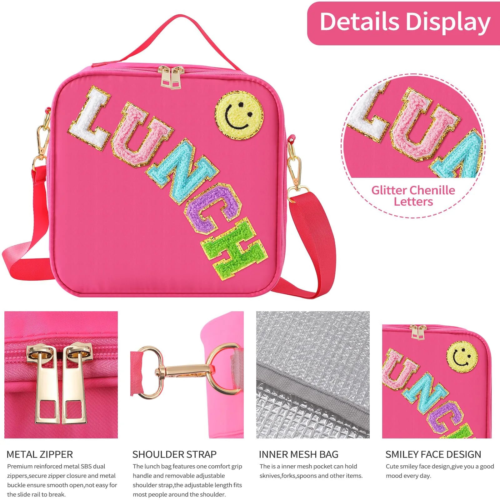Adjustable Strap Insulated Lunch Bag, Nylon Lunch Box Insulated Bag, With Chenille Letter Patch Decor, For School Travel PicnicB