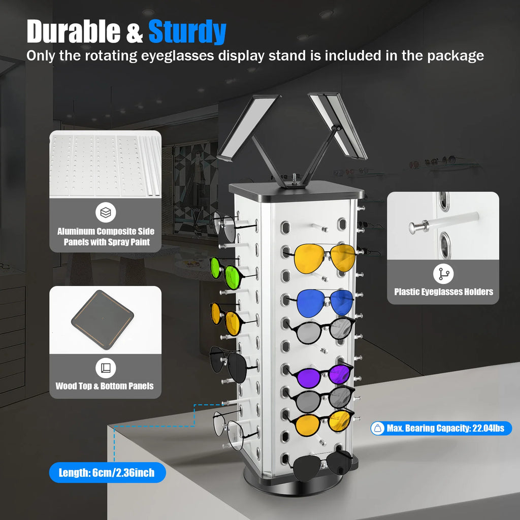 44 Pairs Rotating Eyeglasses Display Stand with 2 Mirrors 86cm Large Capacity Freestanding Sunglass Holder for Shops