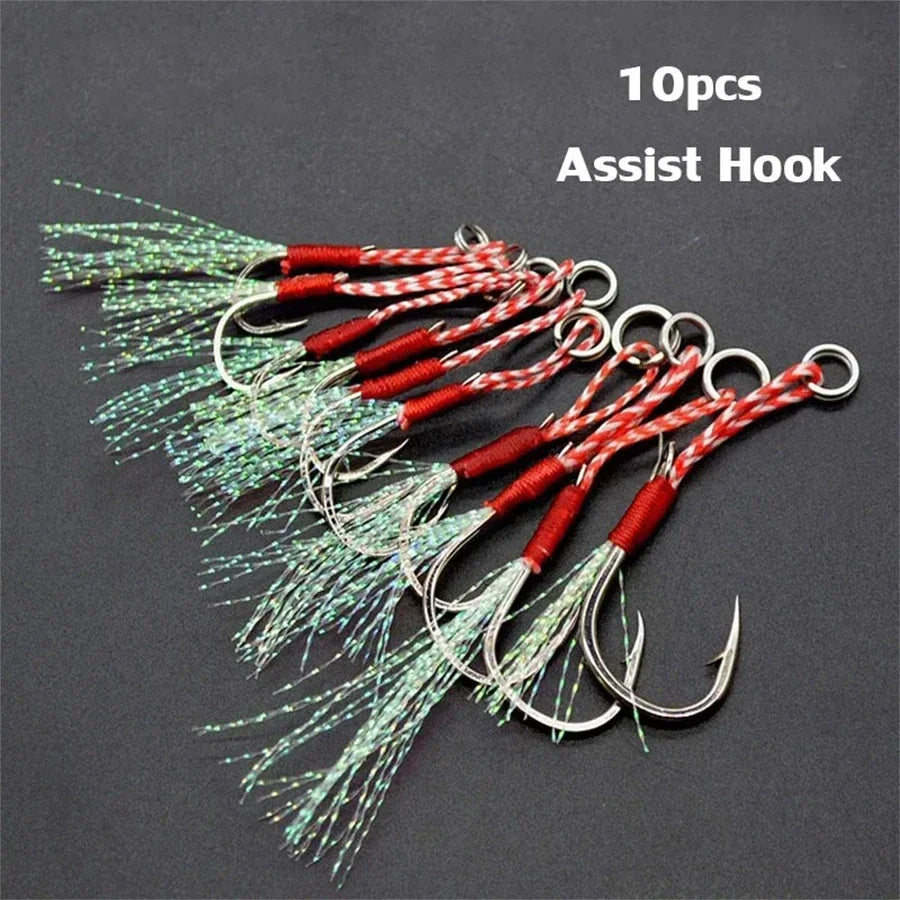 10-40Pcs Slow Jigging Fishing Cast Jigs Assist Hook Barbed Single Jig Hooks Thread Feather Pesca High Carbon Steel Fishing Lure