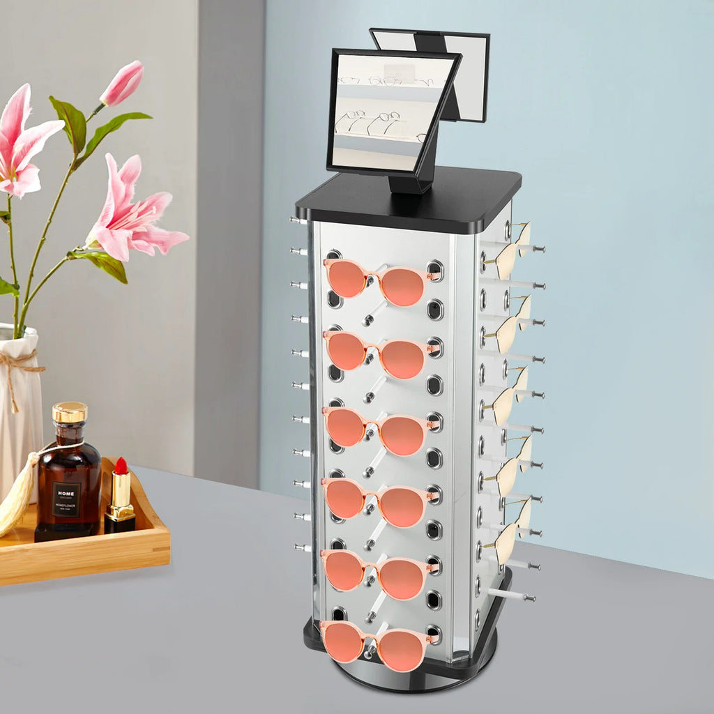 44 Pairs Rotating Eyeglasses Display Stand with 2 Mirrors 86cm Large Capacity Freestanding Sunglass Holder for Shops