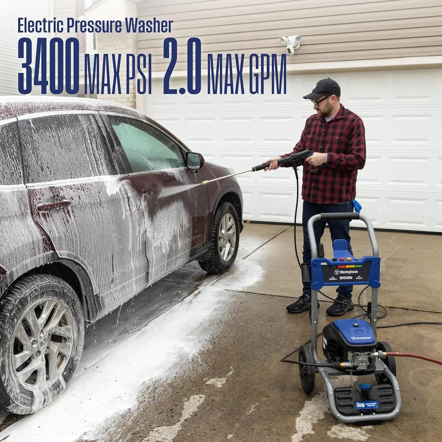 XMSJ*[XMSJ]WPX3400e Electric Pressure Washer, 3400 Max PSI and 2.0 Max GPM, Brushless Motor, Onboard Soap Tank, Spray Gun and Wa