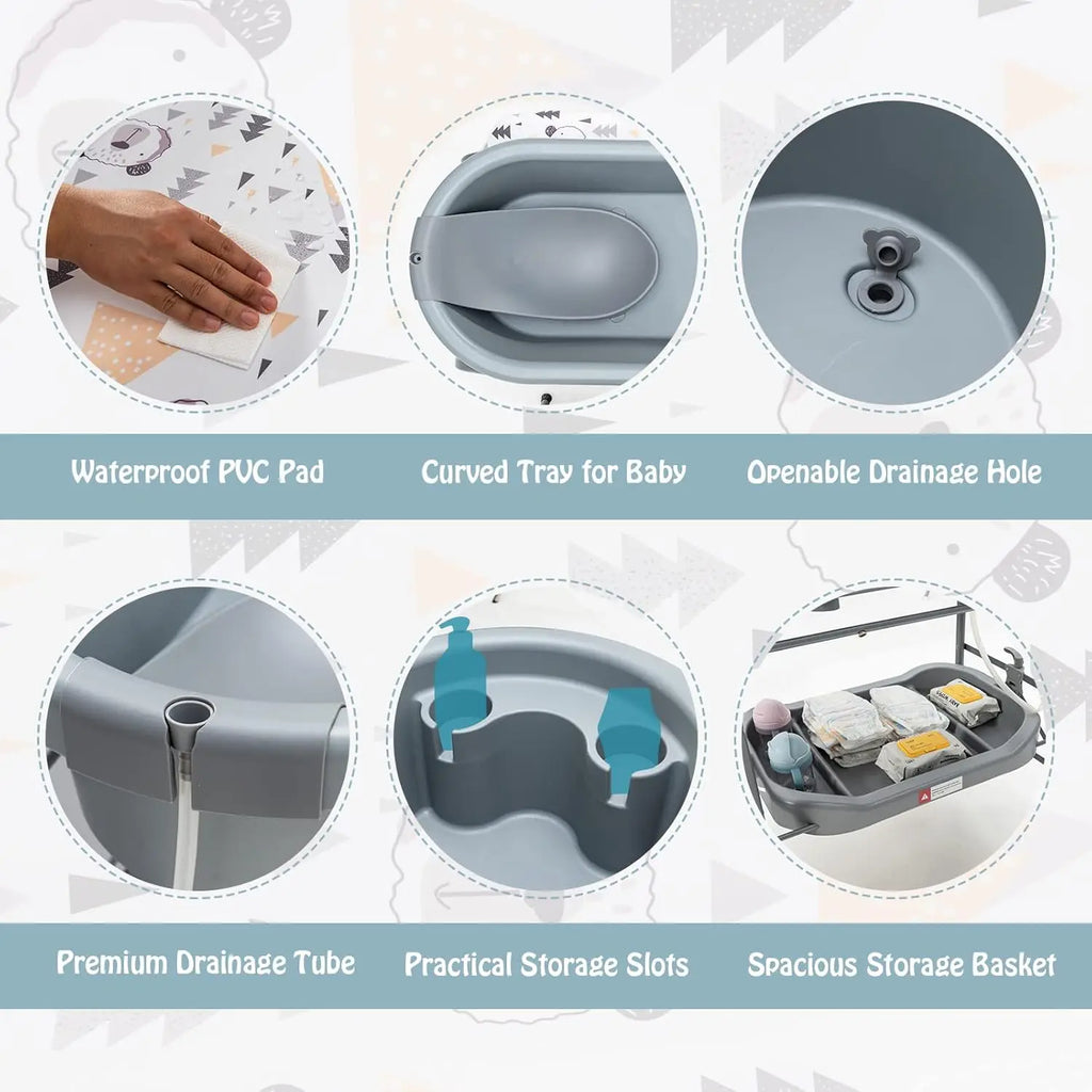 Bañera para Bebé con Cambiador Plegable y Bandeja de Almacenamiento | Portátil