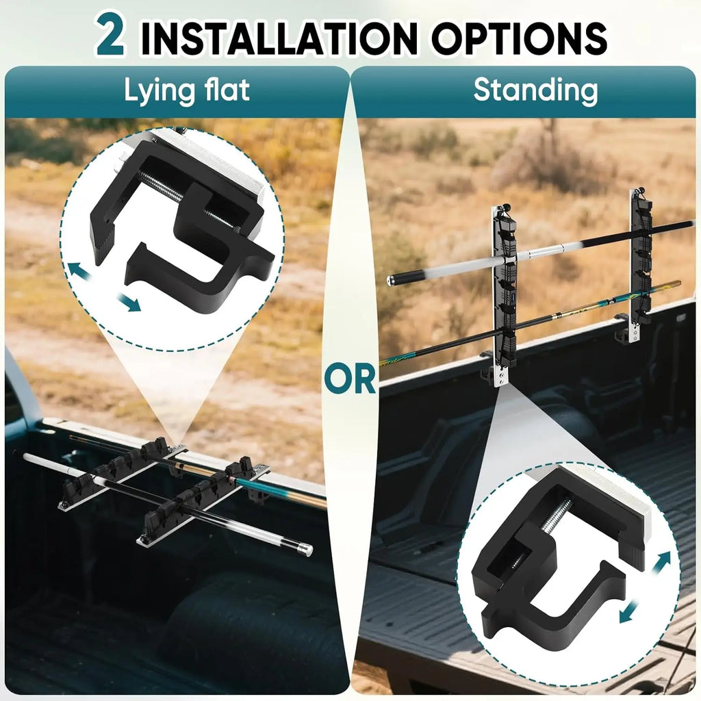 Truck Bed Fishing Rod Holder, Adjustable for 6 Rods, Fits Most with 2 Mounting Options