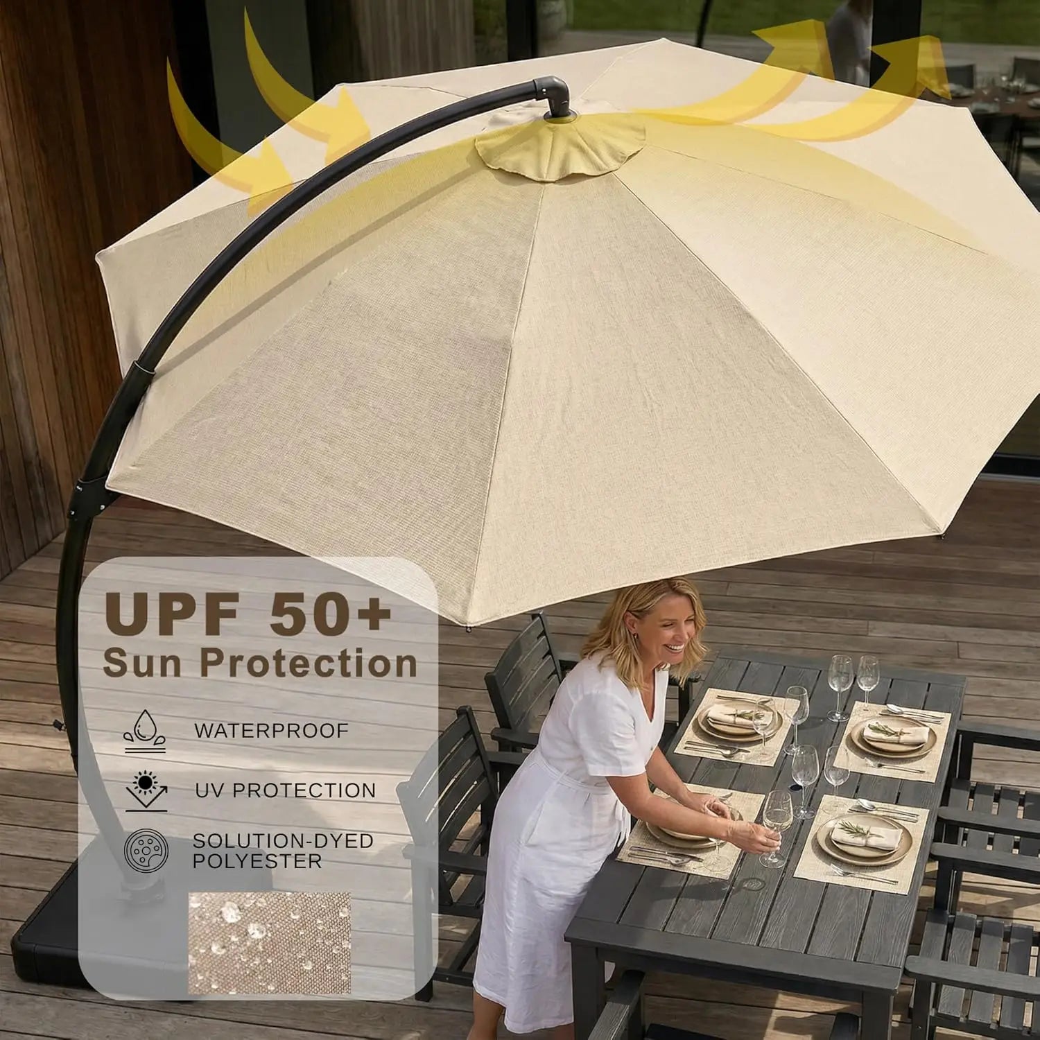 11ft round Aluminum Patio Umbrella with Base - Offset Cantilever Design 360° Rotating Customizable Large Outdoor Shade Umbrella
