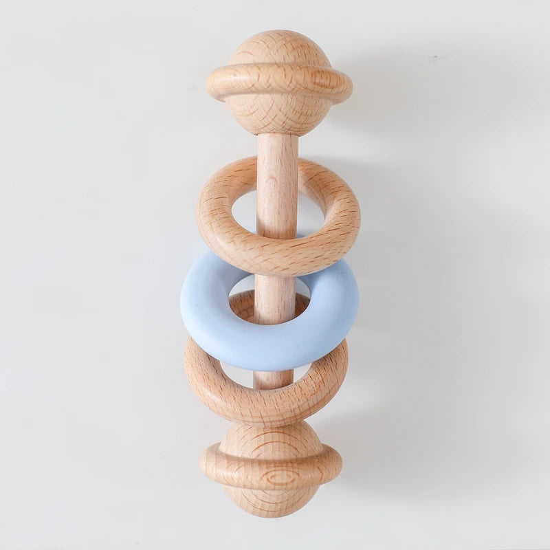 Wooden Rattle Silicone Ring — Sensory Baby Toy | 0-12 Months Gift