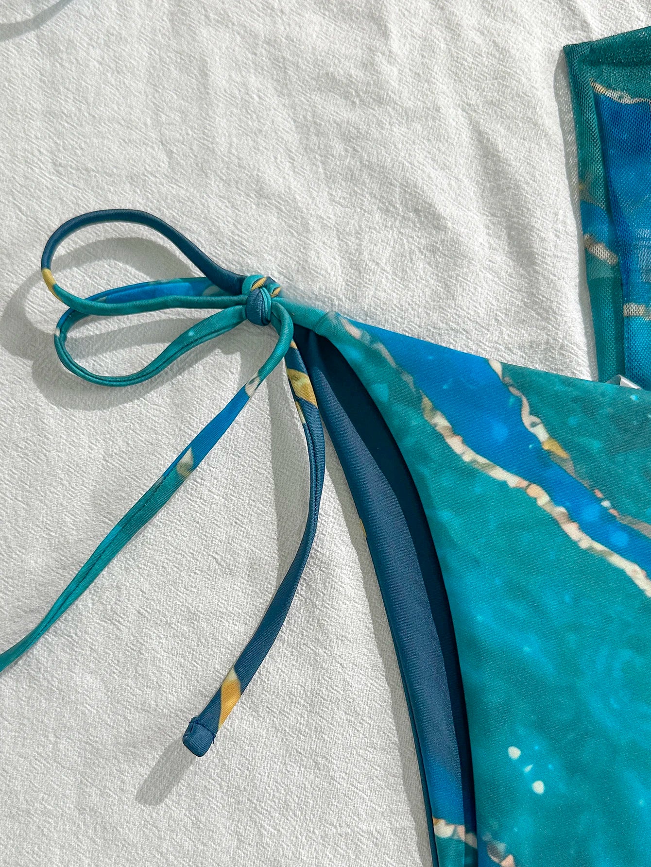 Women's Three-Piece Swimsuit Set, Blue Marble Print Sexy Bikini with Tie-Up Triangle Top, Tie-Up Triangle Bottoms, Mesh Skirt, Wrap Skirt, Beach Swimwear