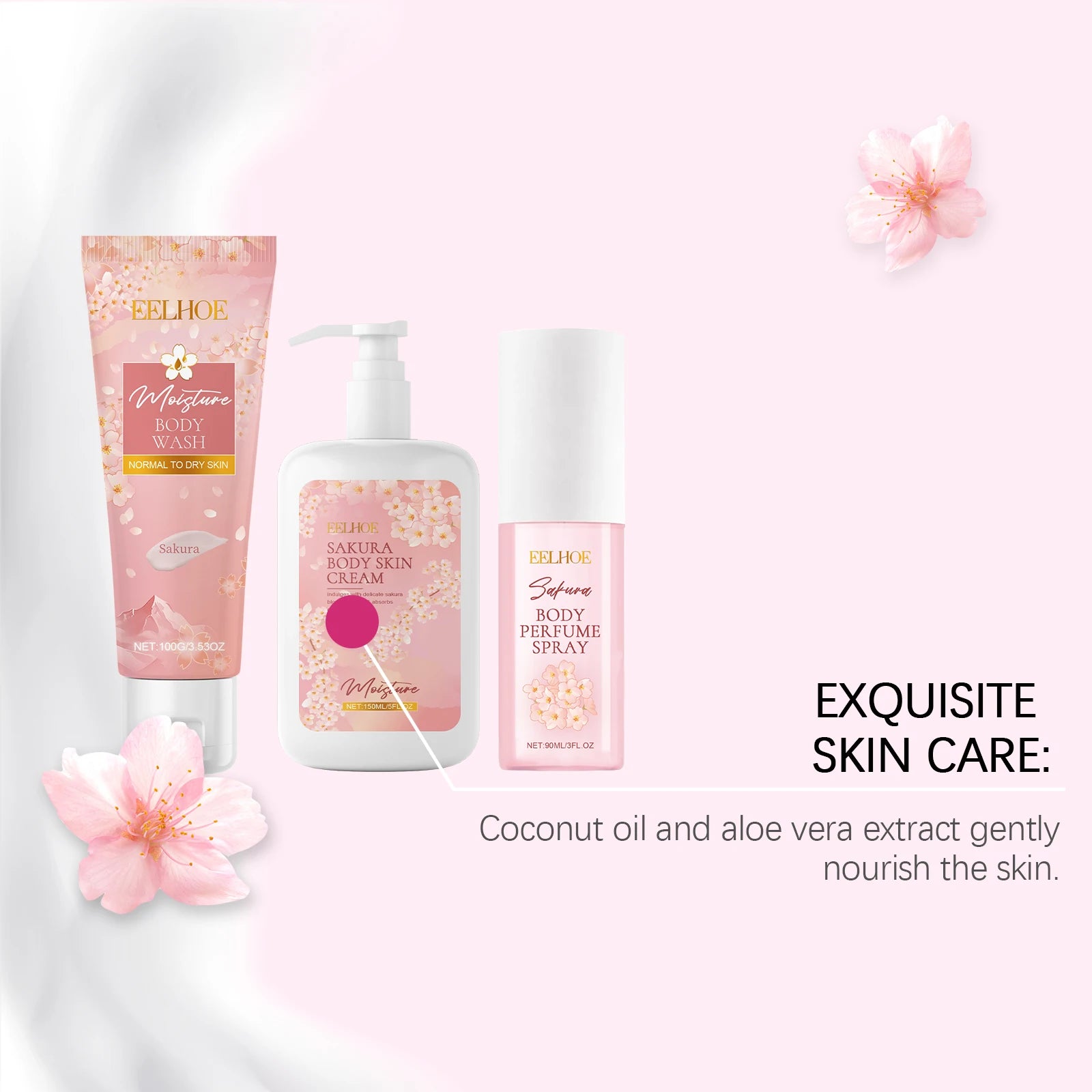 EELHOE Sakura Flower Body Skin Care Set Lasting Moisturizer Body Lotion for Brightening Skin Lightening Shower Gel Perfume Spray