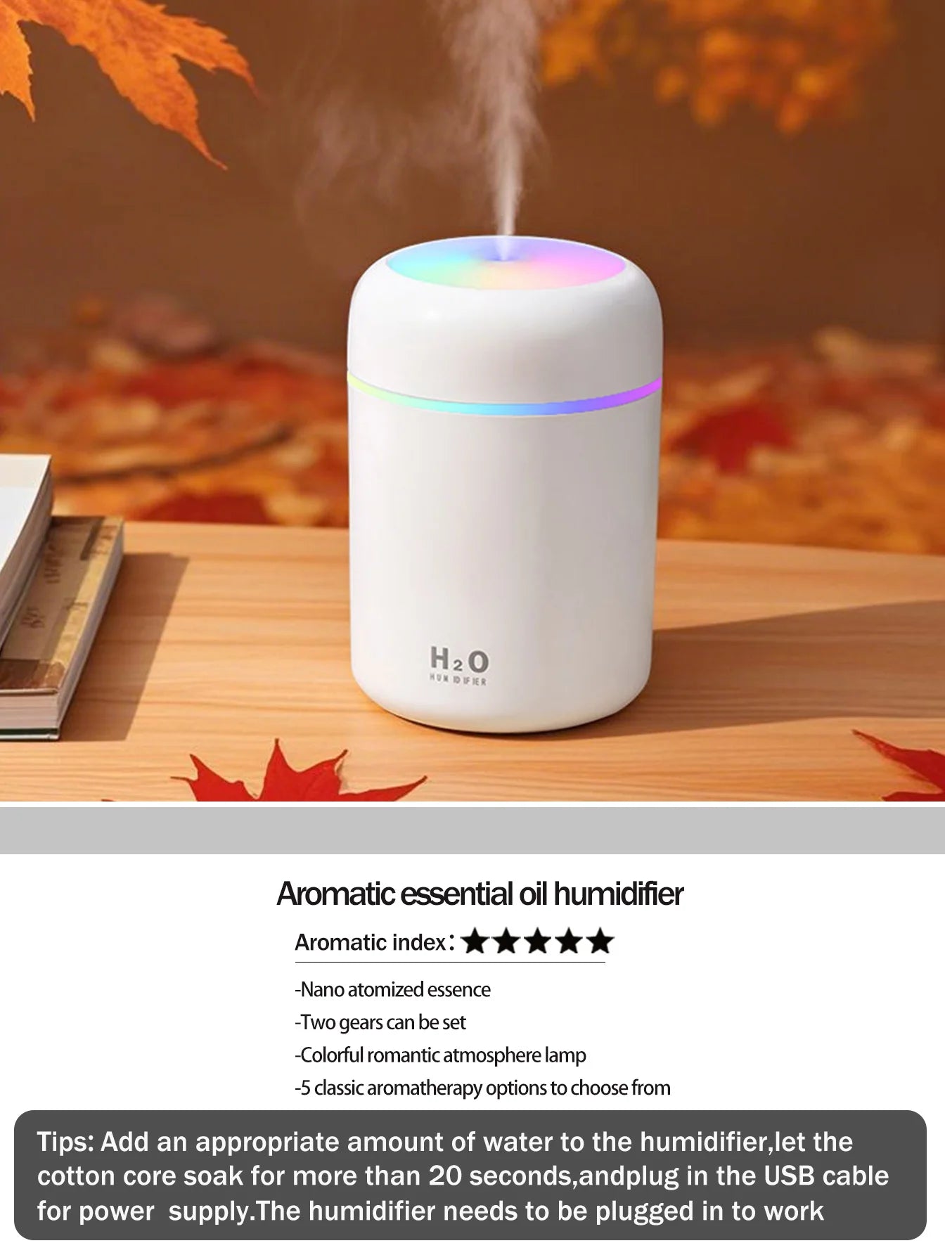 Difusor Aromaterapia 300ML | Purificador de Aire | Luz 7 Colores | Auto y Hogar 🌿