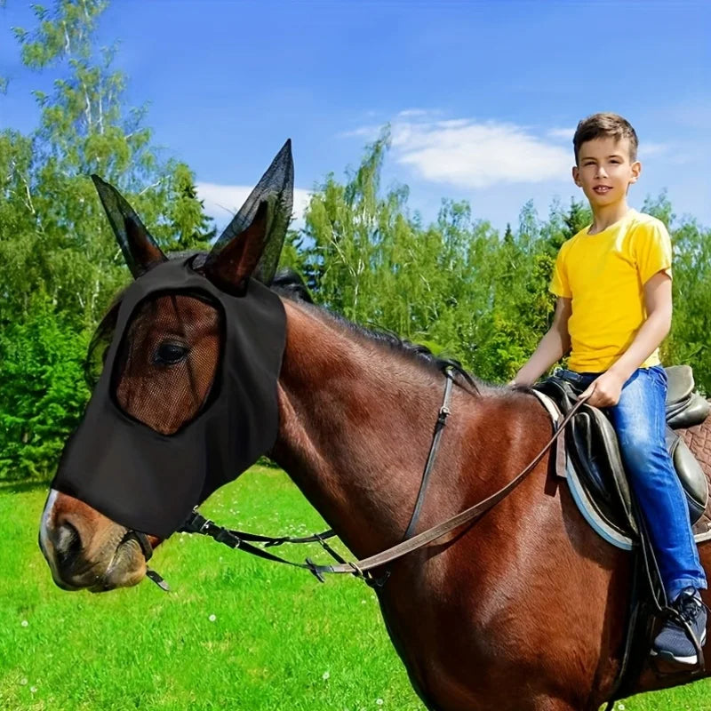 Breathable Horse Face Mask, Comfortable Mesh Horse Fly Mask with Ear Covers, Equestrian Supplies