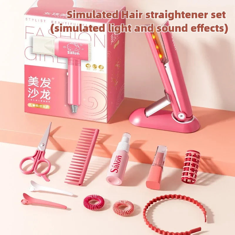 Girls Beauty Salon Set Kids Hair Beauty Makeup Set Simulation Hair Dryer Fashion Styling Tool Pretend Play House Gift Fun Game