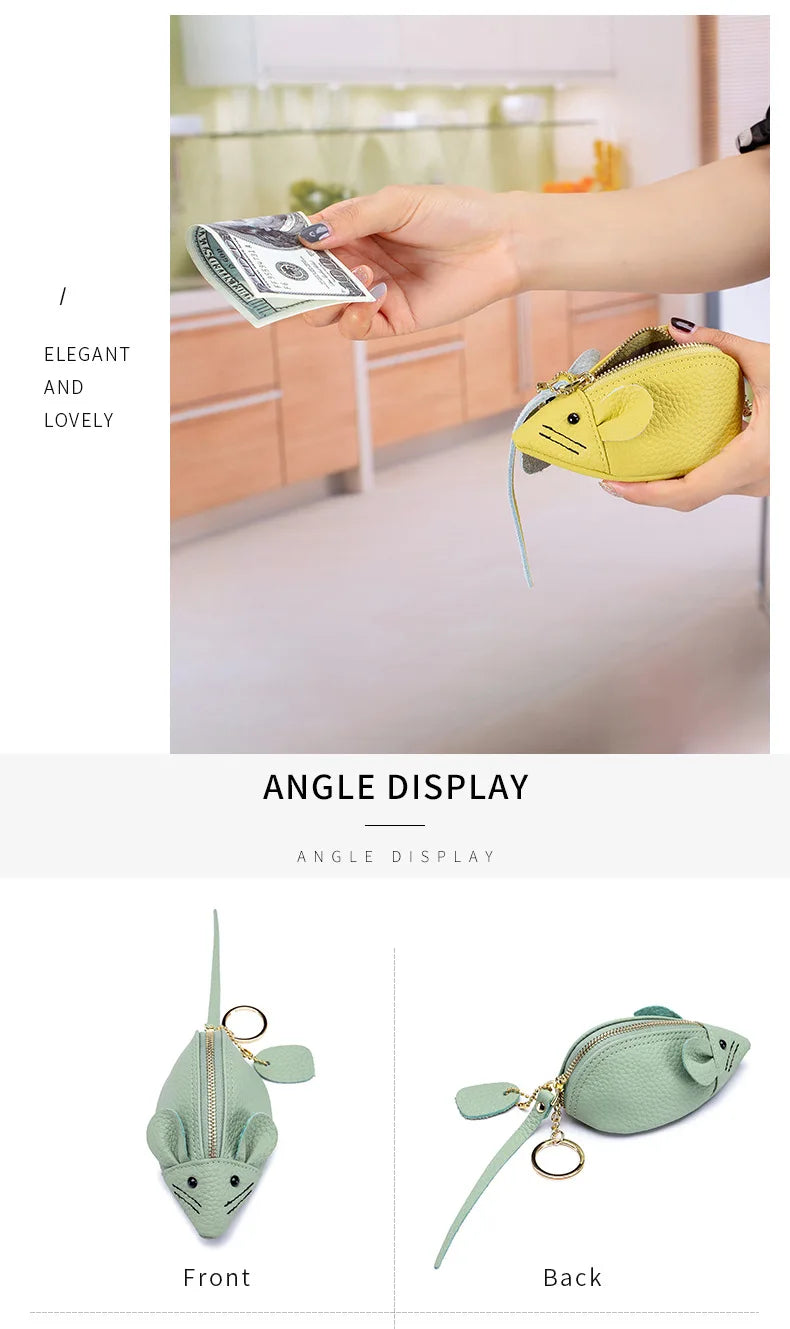 A8077 Cute Animal Design Lady Lipstick Bag Fashion Key Case Wallet Full Grain Cow Leather Vivid Lovely Mini Mouse Shape Purse