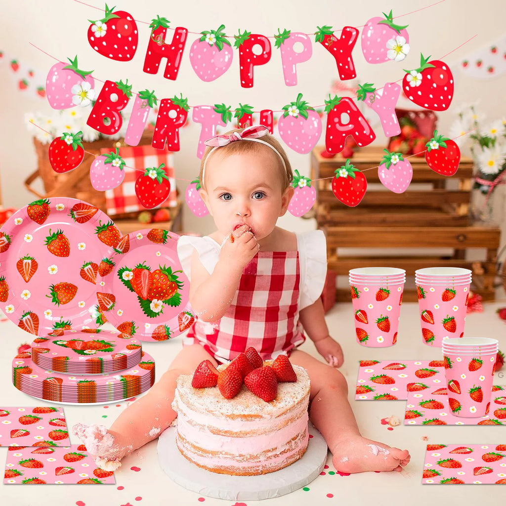75Pcs Strawberry Birthday Party Plates Napkins Forks Supplies Summer Fruit Tableware Set Strawberry Theme Decoration for Girls