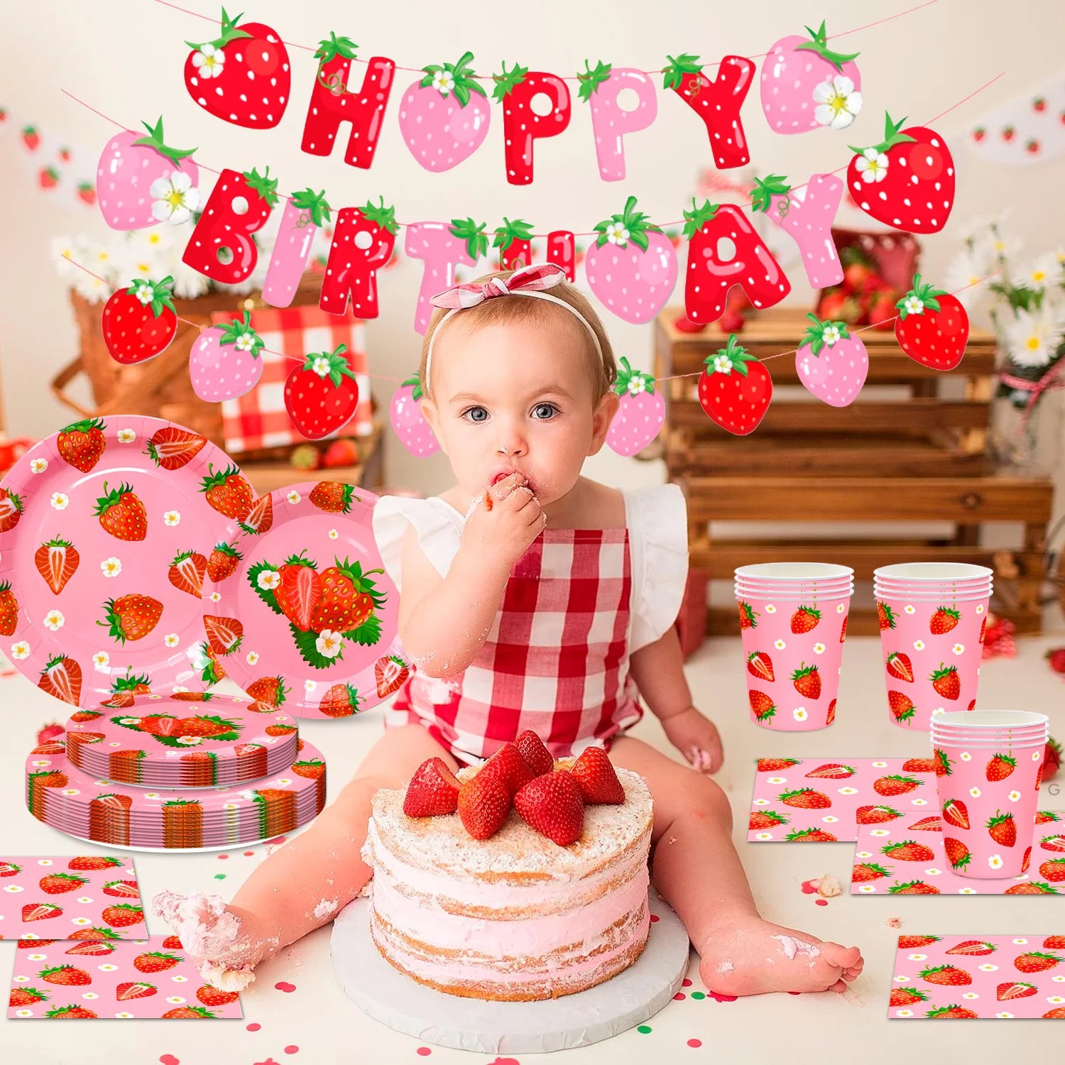 75Pcs Strawberry Birthday Party Plates Napkins Forks Supplies Summer Fruit Tableware Set Strawberry Theme Decoration for Girls