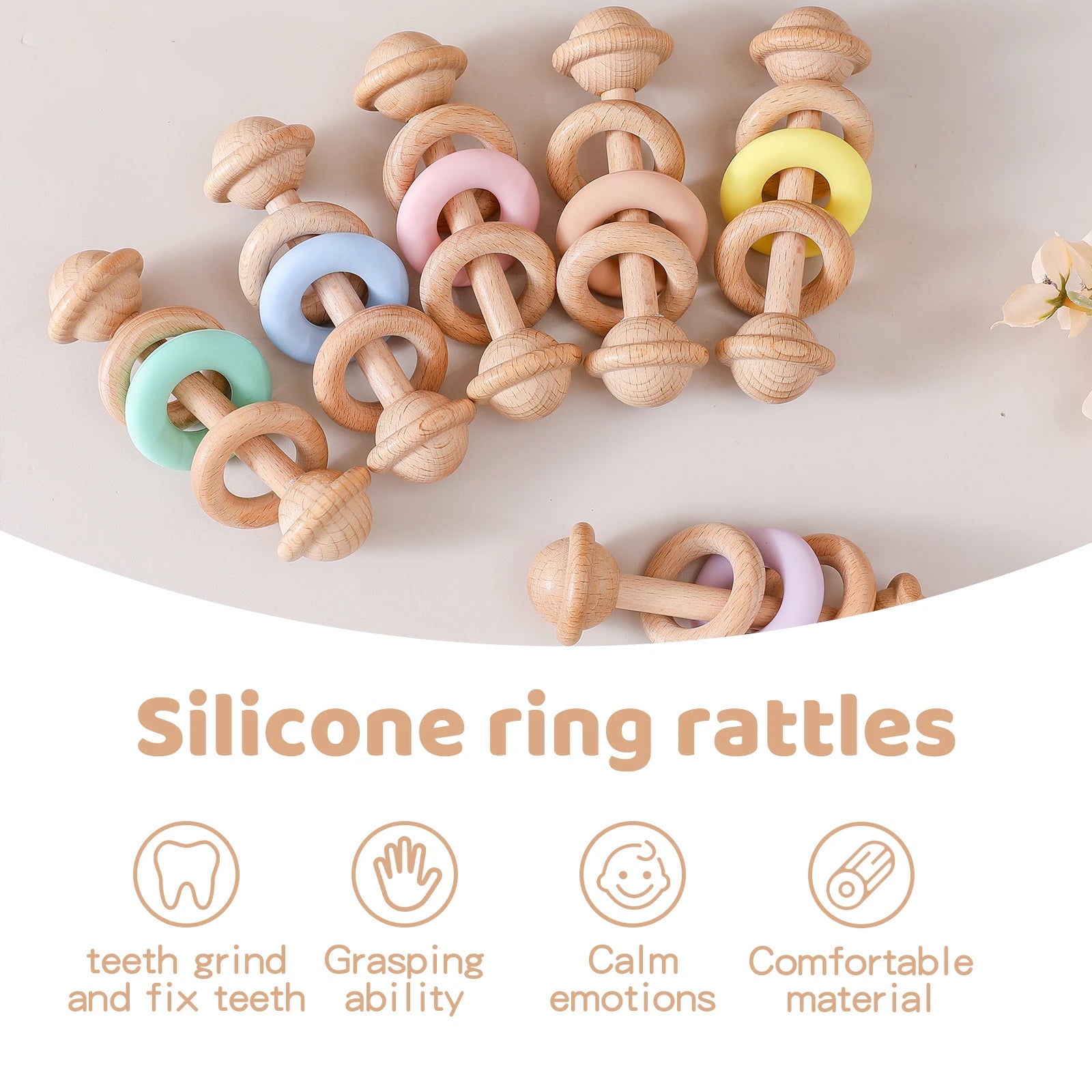 Wooden Rattle Silicone Ring — Sensory Baby Toy | 0-12 Months Gift