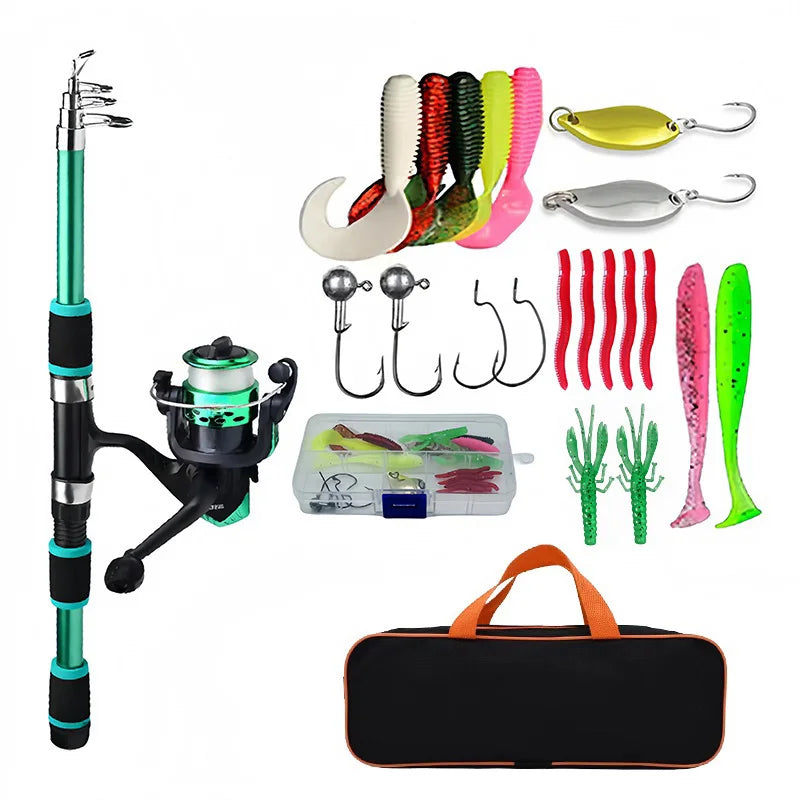 Telescopic Fishing Rod & Spinning Reel Full Kit | Baits, Hooks & Travel Bag Included