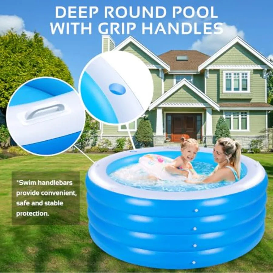 Inflatable Pool with SeatingFour-Tier 72 x 27 Inflatable Swimming Pool with Drink Holder Handles Summer Family Water Park Backy