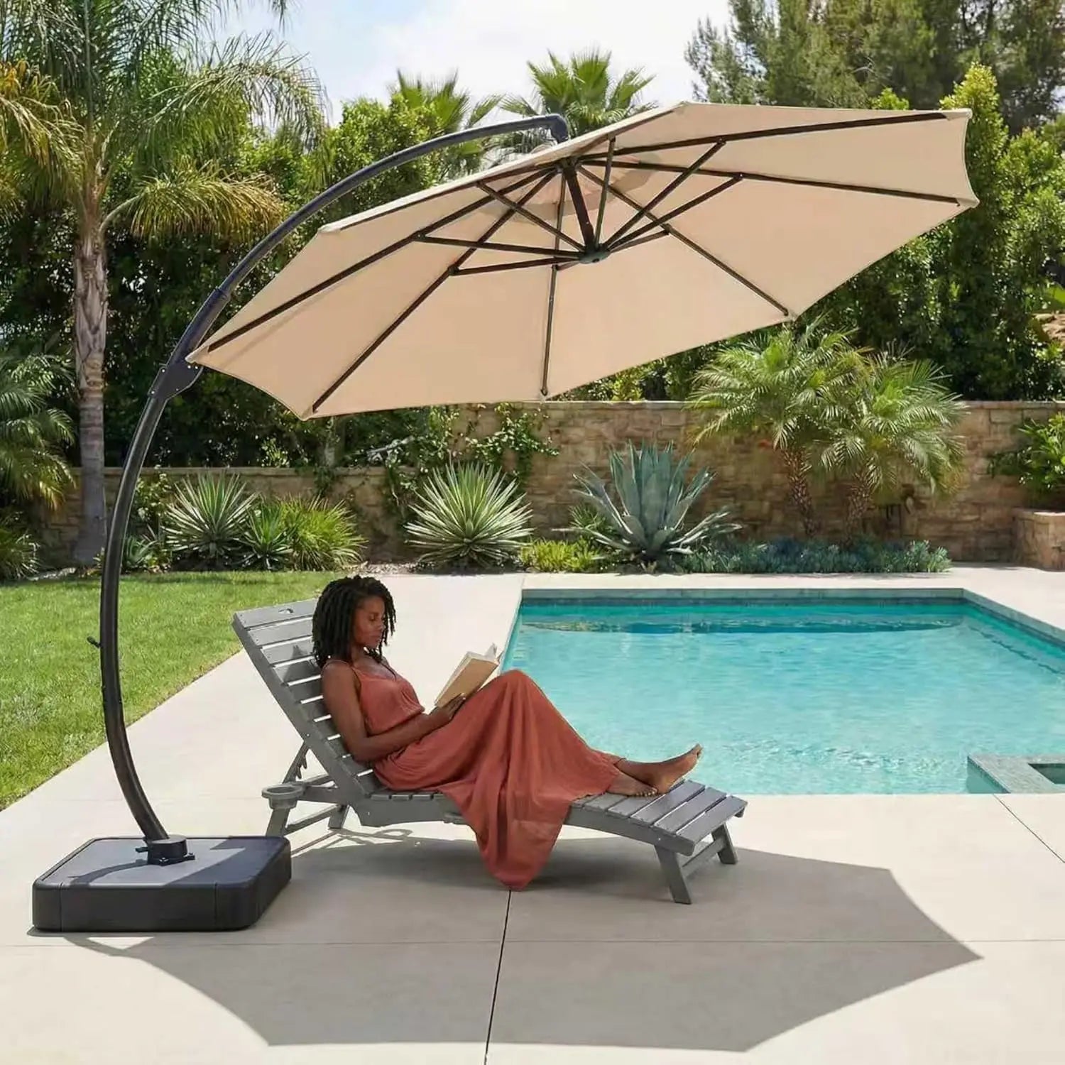 11ft round Aluminum Patio Umbrella with Base - Offset Cantilever Design 360° Rotating Customizable Large Outdoor Shade Umbrella