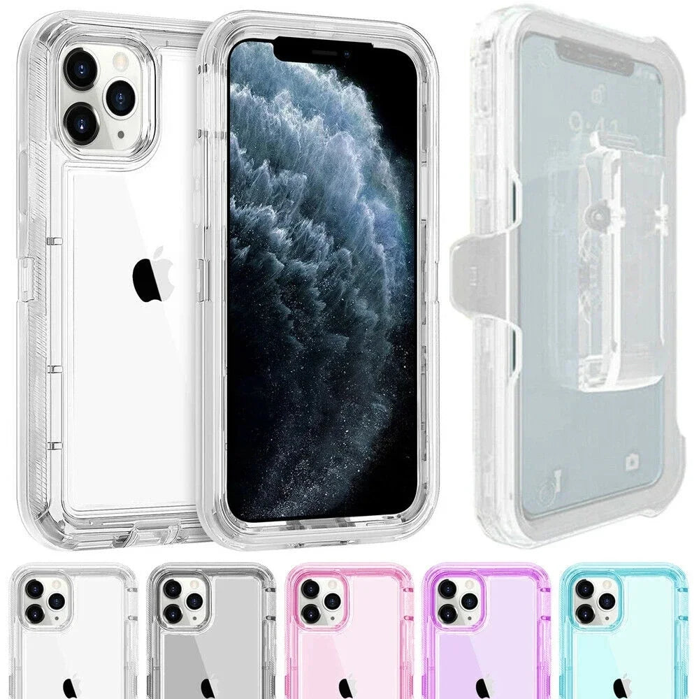 For iPhone 16 15 14 13 12 11 Pro Max XS XR 8 7 Plus 3 IN 1 Clear Heavy Shockproof Phone Case Hybrid PC+TPU Cover With Belt Clip - Firu Total Sales