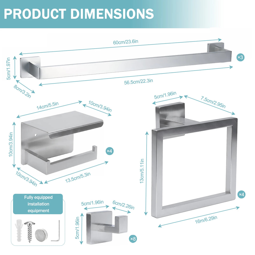 20-Pieces Stainless Steel Bathroom Hardware Set Wall Mounted Bath Towel Bar Set Towel Rack/Toilet Paper Holder/Towel Ring/Hook
