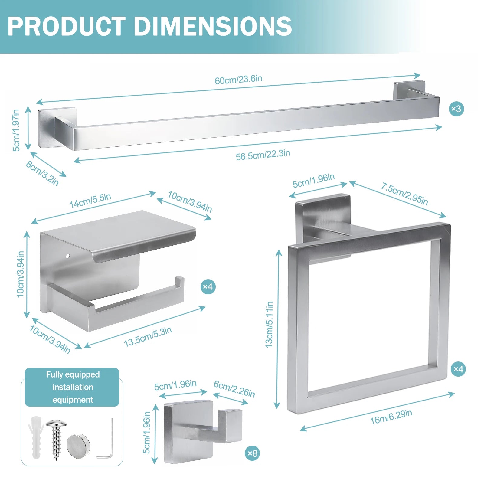 20-Pieces Stainless Steel Bathroom Hardware Set Wall Mounted Bath Towel Bar Set Towel Rack/Toilet Paper Holder/Towel Ring/Hook