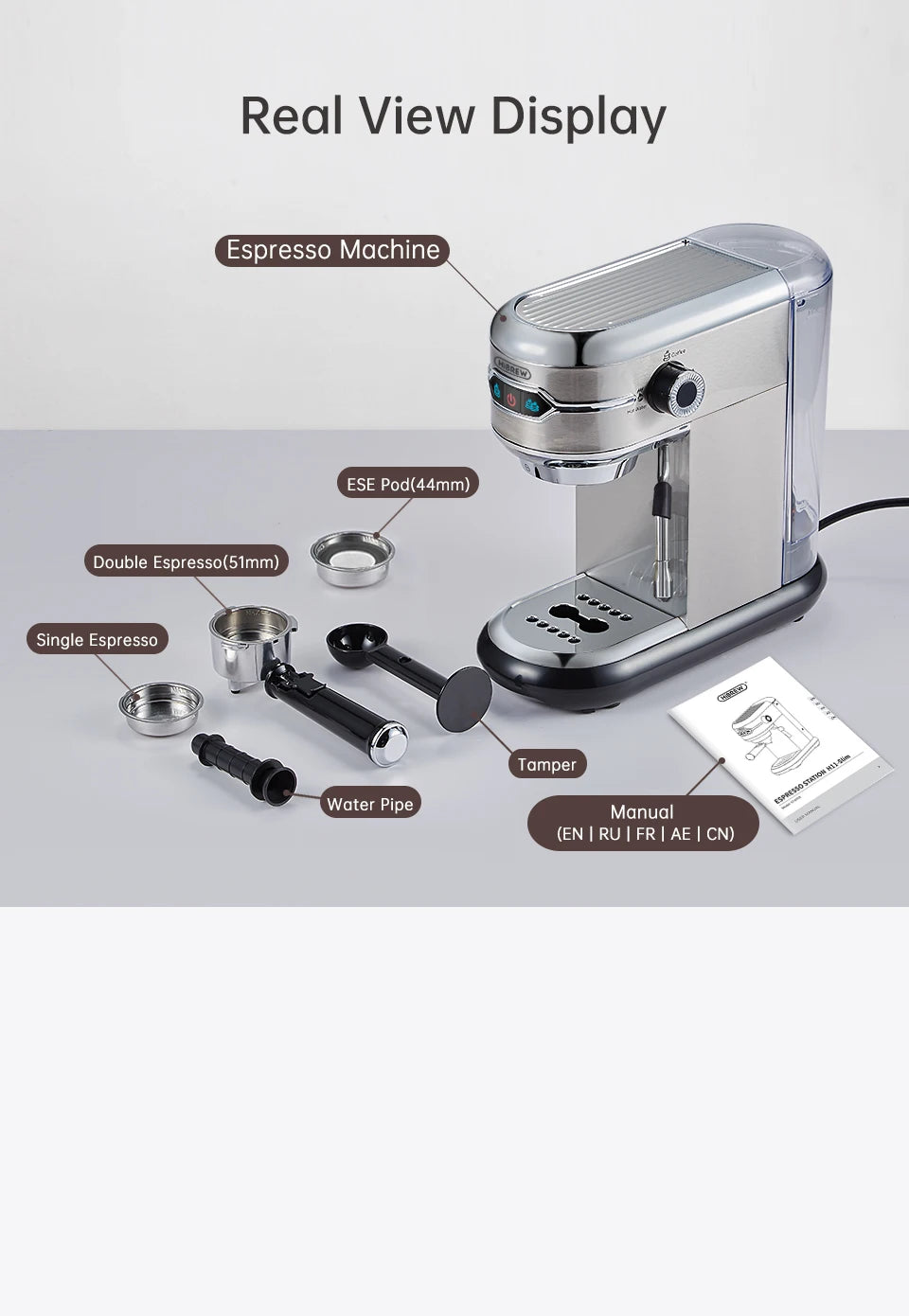 HiBREW H11 Cafetera Espresso 20 Bar | Inox | Semi Automática | ESE POD y Polvo | Cappuccino | Agua Caliente - Firu Total Sales