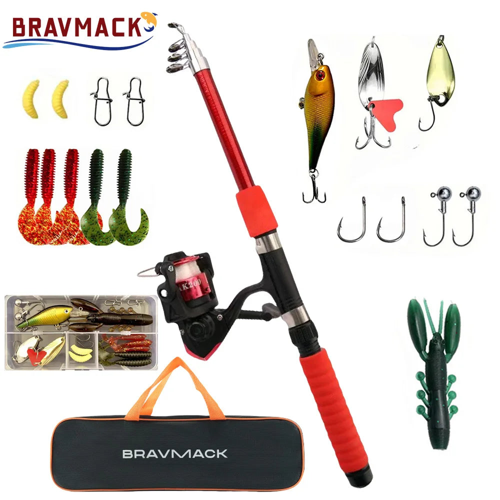 Telescopic Fishing Rod & Spinning Reel Full Kit | Baits, Hooks & Travel Bag Included