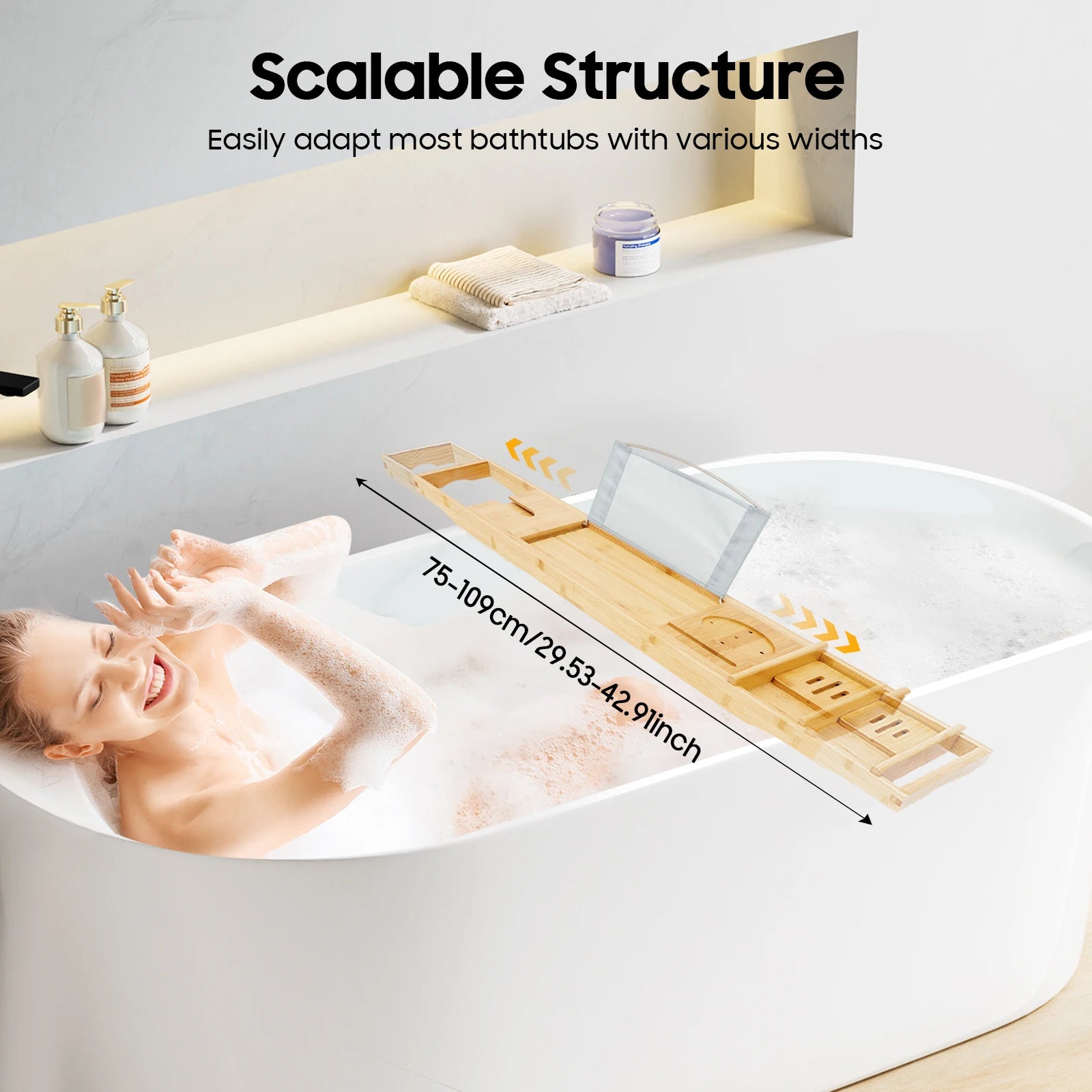 Adjustable Bamboo Bathtub Tray with Wine Glass Holder & iPad Slot, Waterproof Bath Caddy for Relaxation, Reading, Wine Time