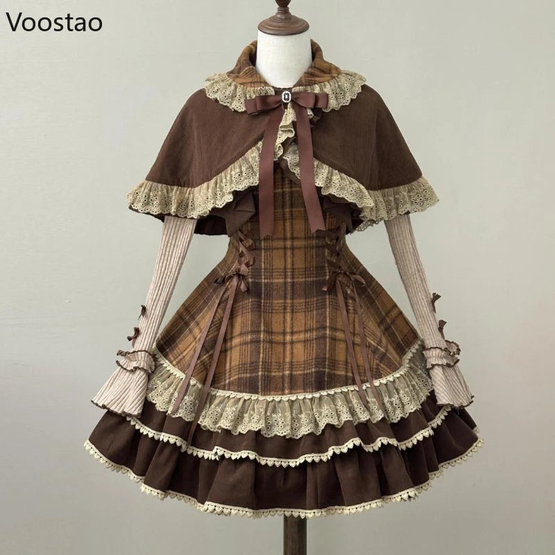 Japanese Cute Lolita Style 3 Piece Set Women Sweet Lace Bow Peter Pan Collar Cloak Top Plaid Mini Dress Korean Harajuku Y2k Suit