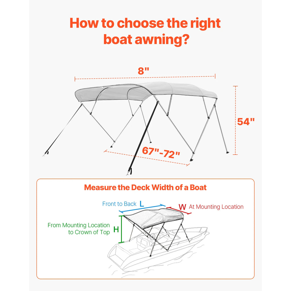 VEVOR 4 Bow Boat Bimini Tops 600D Polyester Canopy with Aluminum Alloy Frame Waterproof & Sun Shade Boat Awning Canopy Grey/Blue