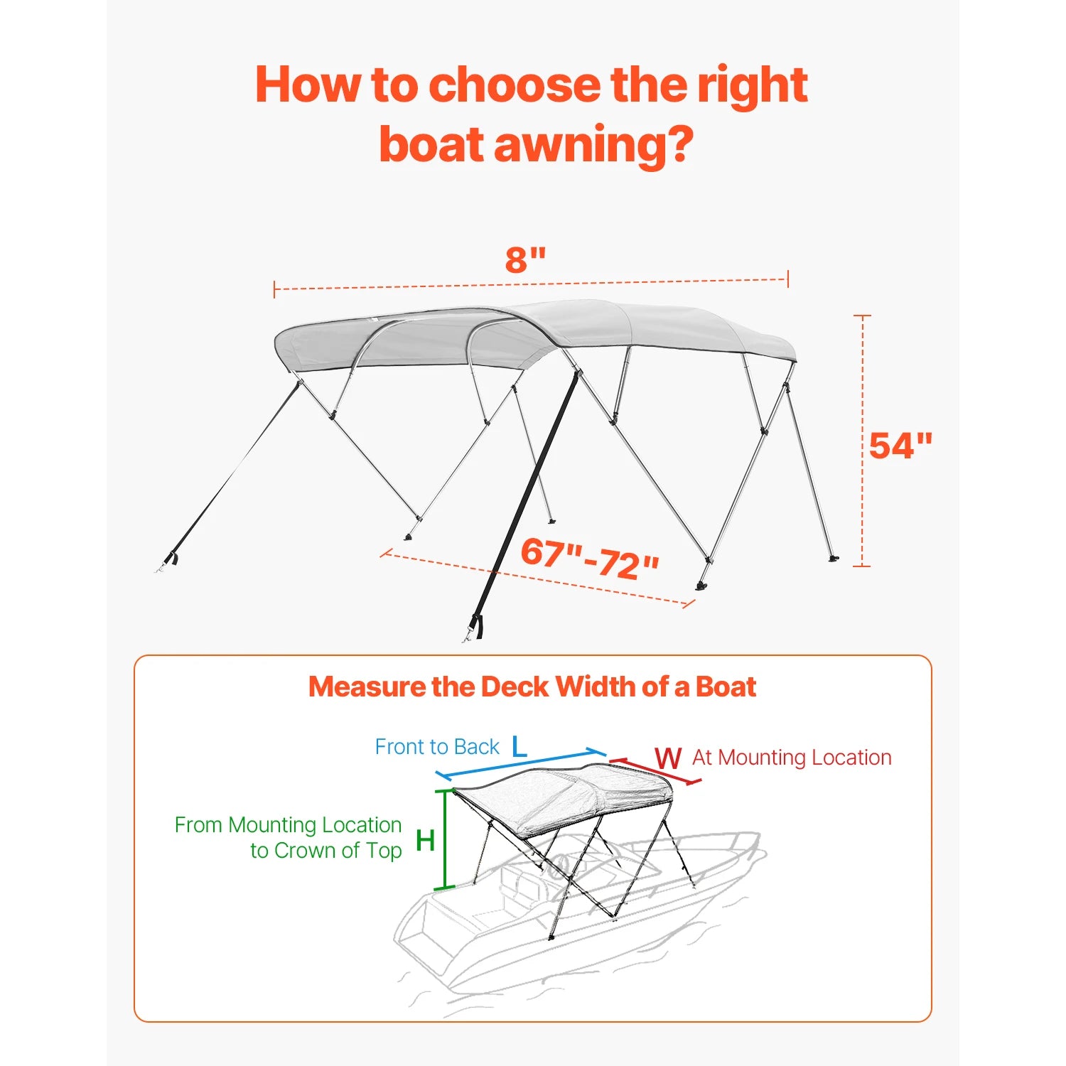 VEVOR 4 Bow Boat Bimini Tops 600D Polyester Canopy with Aluminum Alloy Frame Waterproof & Sun Shade Boat Awning Canopy Grey/Blue