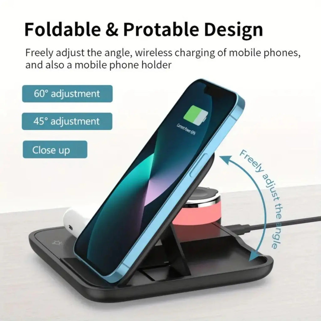 Foldable 3-in-1 Wireless Charging Station, 15W Fast Wireless Charger Stand, Night Light Wireless Charging for iPhone 15, 14, 13,