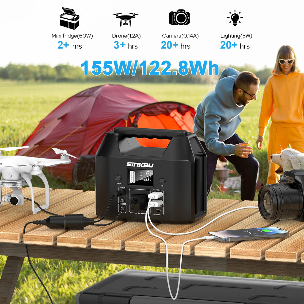 SinKeu E150 Estación Eléctrica Portátil 150W | 122.8Wh LiFePO4 | Solar | AC 110V | Linterna LED | Camping y RV