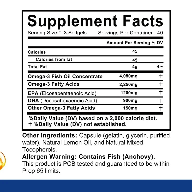 Omega-3 Fish Oil - Supports Brain Health, Cardiovascular and Skin Health, Antioxidant and Anti-inflammatory - 120 Capsules